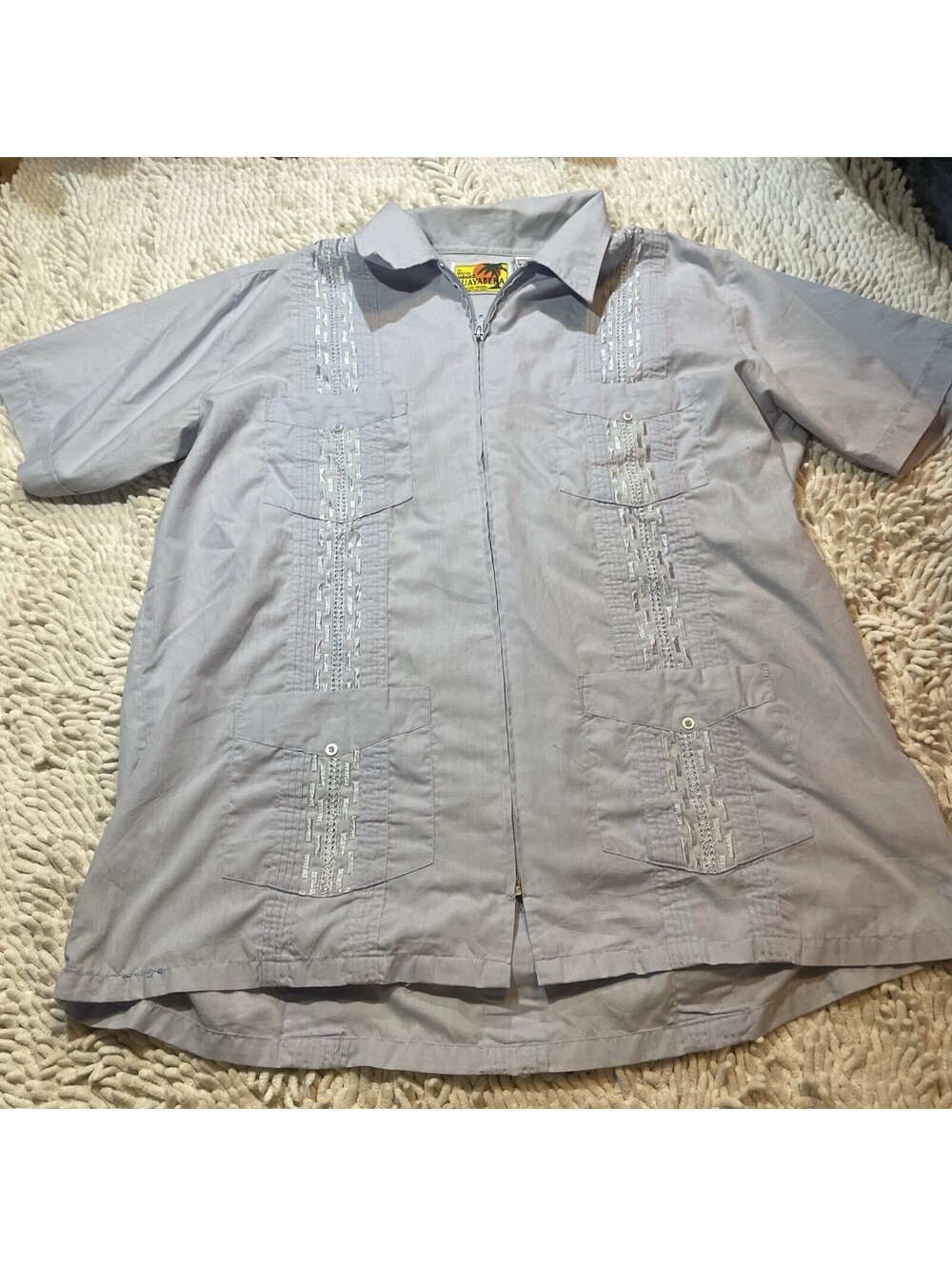 Haband Guayabera 4 Pocket Zip Up Shirt Blue Mens Large Silver Embroidery